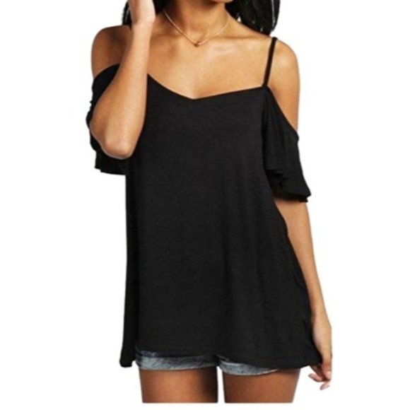 FISOUL Women's Off Shoulder Top Ruffle Sleeve Spaghetti Strap Halter Tops - Picture 1 of 8